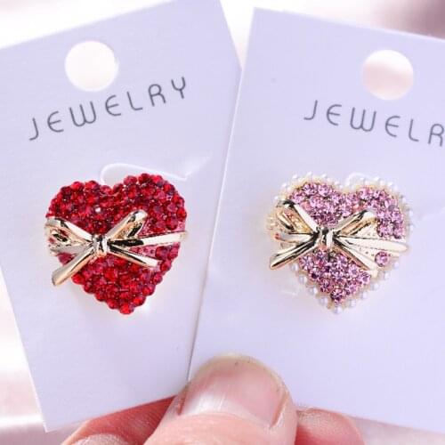 OKILY Lovely Pink and Red Crystal Heart Brooches for Women Gold Bowknot Lapel Pin with Pearl Summer Dress Hat Accessories