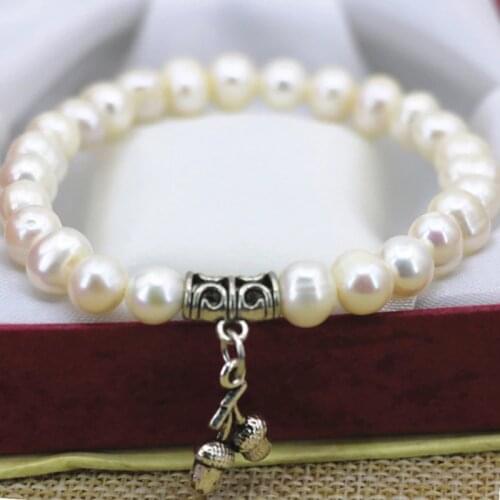 Original Women Beaded Bracelet & Bangle Natural Freshwater White Thread Pearl Beads 7-8mm Dtrand Elastic Jewelry 7.5inch B3117