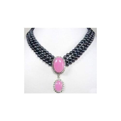 3Rows 6-7mm Black Freshwater Pearl & Pink Jade Pendant Necklace