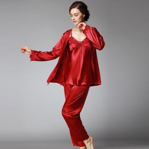 Faux Silk Pajama Lady Spring Long-sleeved 3-piece Set Solid Color Plus Size Lingere V-Neck Pajama Set Faux Silk Sleepwear