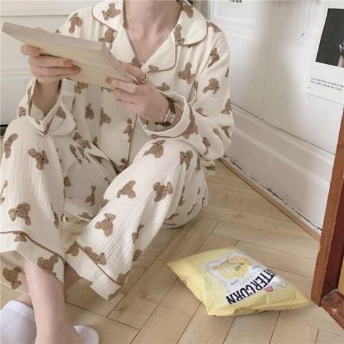Pure cotton gauze sleepwear spring autumn long sleeve cardigan bear homewear 2 piece set women pajama set trousers sofe L376