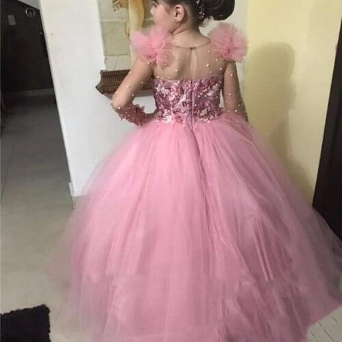 Pink Flower Girl Dress Lace Applique Fluffy Tulle First Holy Communion Gowns For Girls Ball Gown Cloud Pageant Dresses