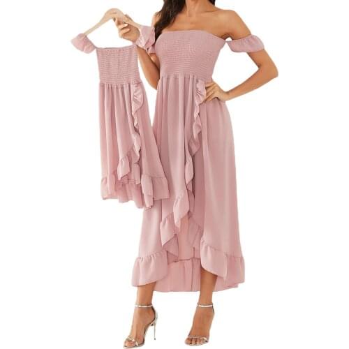 FOCUSNORM 3 Colors Family Matching Off-shoulder Dress For Women Girls With Ruffled Hem Solid Knee Length A-Line Dress