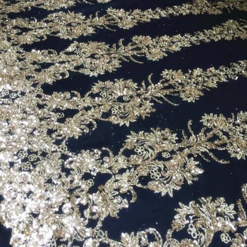 Royal Semi-transparent Deep Blue Gold Stamping Bronzed Sequins Fabric Bronzed Glitter Sequin Wedding Dress Fabric 90x130cm