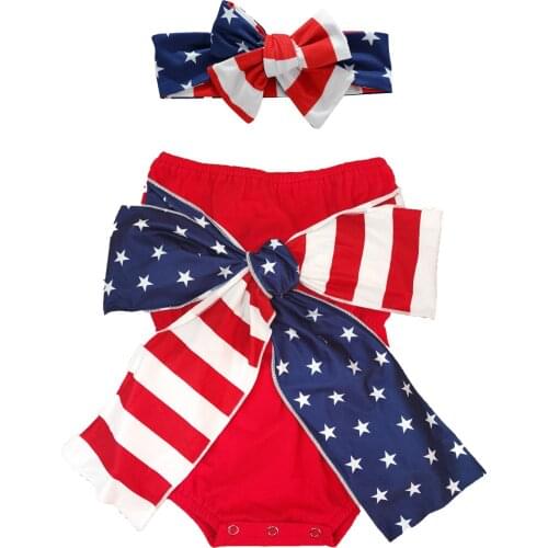 0-24M Infant Baby Girl’s Casual Strapless Romper Unique Independence Day Bow Jumpsuits and Headband