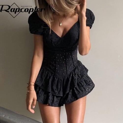 Rapcopter Hook Flower Mini Dress Sexy Deep V Neck Dress Vintage Puff Sleeve Short Dress Women Summer Dress Boho Beach Sundress