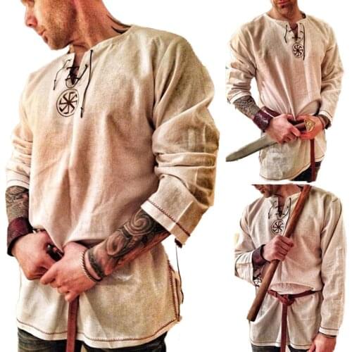 Embroidery Tunic Shirt Knights Viking Pirate Costume Show Men Norse Medieval Battle Warrior Hero Linen Ragnar Lothbrok For Adult