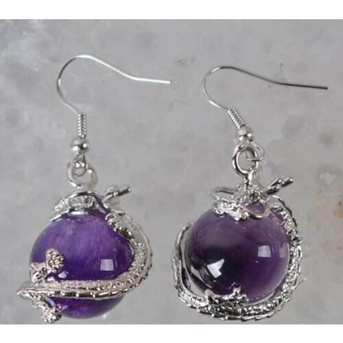 Natural Purple Crystal Bead Dragon Dangle GEM Earrings Jewelry T211