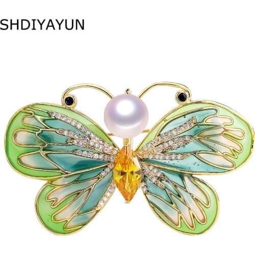 SHDIYAYUN 2019 Pearl Brooch For Women Golden Chinese Style Enamel Butterfly Brooches Pins Natural Freshwater Pearl Fine Jewelry