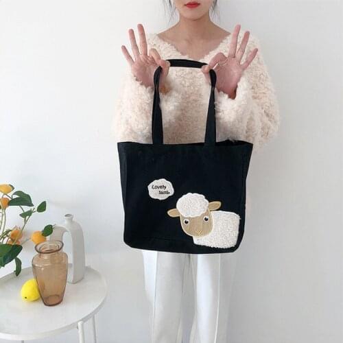 New 2020 Fashion Canvas Bag Women Cute Lamb Embroidery Tote Bag For Women Shopper Bag Cloth Canvas Food Bag Shoulder Bag Bolsas