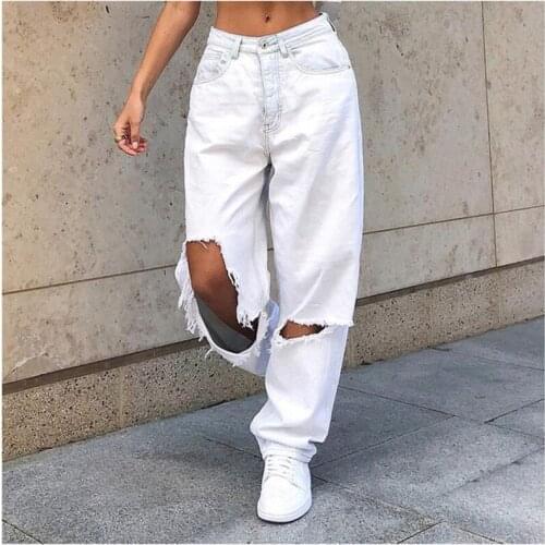 High Waist Hole Ripped White Jeans Women Vintage 90S Denim Straight Pants Streetwear Hollow Boyfriend Baggy Denim Trousers