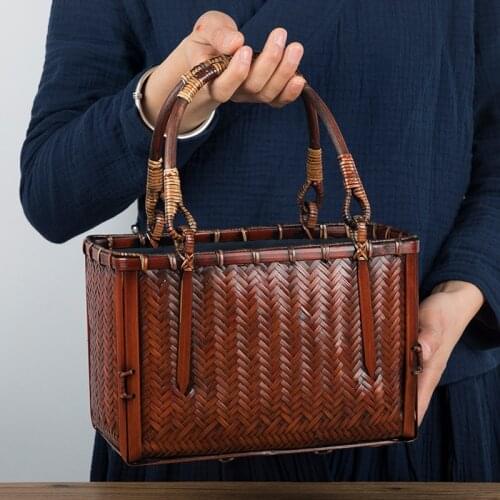 Pure Handmade Womens Bag Bamboo Weaving Handbag Bags For Women Men Handbag Tea Set Storage Bag Chinese Single Shoulder Bags
