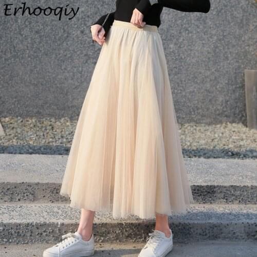 Women Long Tulle Skirts Autumn Winter Mesh Vintage Midi Long Pleated Skirt Female Elastic High Waist Maxi Skirts Jupe Longue