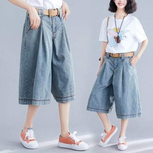 2020 Summer Women High Waist Short Jeans Large Size Boyfriend Jeans for Women Vintage Denim Wide Leg Pants Knee Length Trousers
