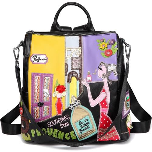 Women Bags Leather Patchwork Embroidery Backpack Schoolbag Student Bag Travel Bag Braccialini Style Cartoon Perfume Beauty