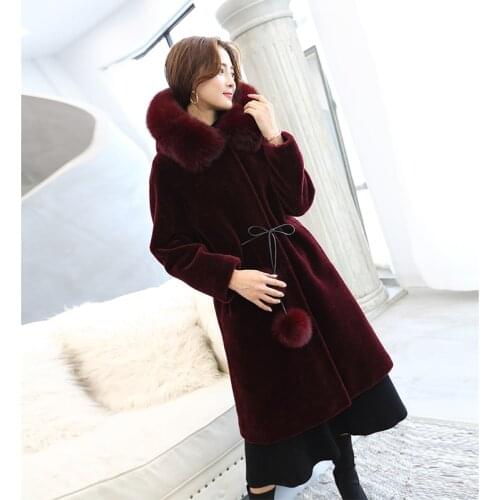 Real Fur Sheep Sheared Nature Wool Coat Women Fox Fur Collar Hooded Long Pink Winter Jacket Casacas Para Mujer KJ541