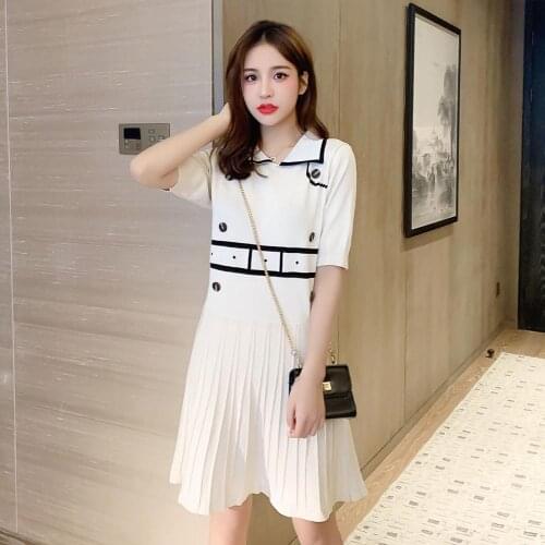 2020 New Summer Vintage Straight Dress Fashion Button Turn-down Collar Mini Dresses Women Knitted Sweater Dress Lady Streetwear