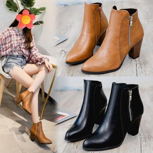 Autumn Womens Ankle Boots Square Heel Pointed Toe Booties High Heels Size 43 Women Shoes Side Zipper Leather Boots for Woman