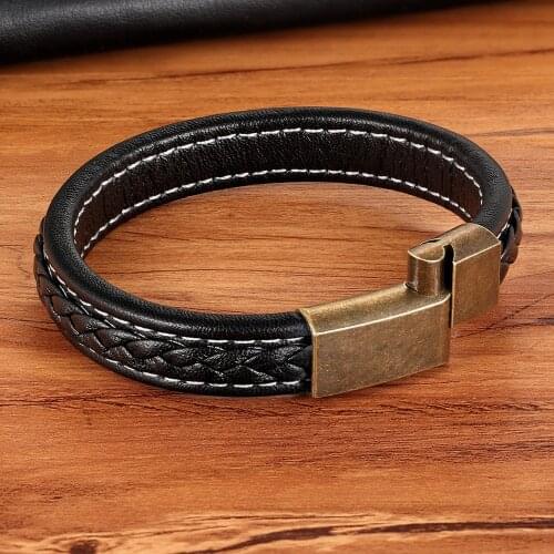 TYO Italian Minimalist Stainless Steel Matte Magnetic Clasp Top Quality Braided Real Leather Bracelet Men Rock Punk Jewelry
