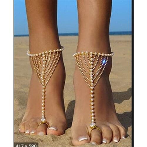 Fine Chic Imitation Pearl Crystal Tassel Chain Toe Ring Anklets For Women Fashion 1PCS Bohemia Foot Jewelry Summer Beach Anklets