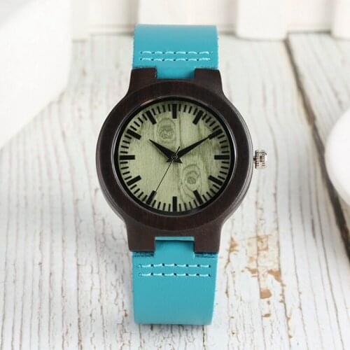 Unique Green Round Dial Womens Ebony Wood Watch Bright Fashion Blue Leather Band Quartz Wristwatch Lady Top Brand Luxury reloj