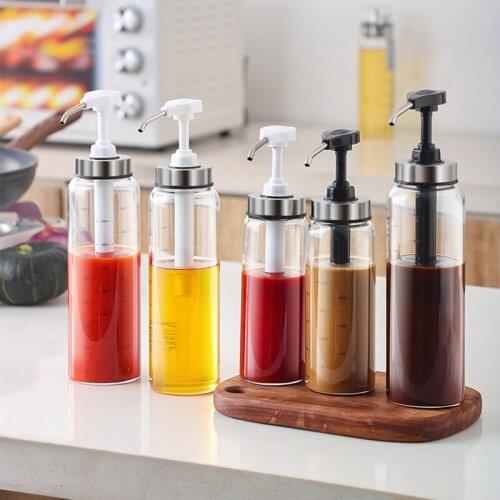 Sauce Syrup Dispenser Bottle Glass Olive Oil Dispenser with Wide Neck Press Pumps Head Kitchen Supplies Herb Spice Tools Gadgets