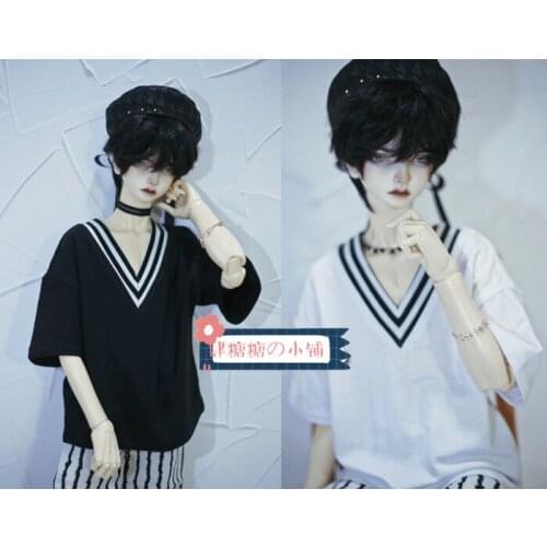 BJD Doll T-shirt Black and white stripe V-neck short sleeve T-shirt ~2 color in 1/4&1/3& Uncle doll clothing accessories