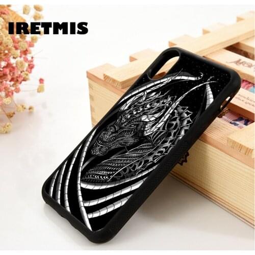 Iretmis 5 5S SE 6 6S Silicone phone case cover for iPhone 7 8 plus X Xs 11 Pro Max XR Black dragon fantasy aztec wings pattern