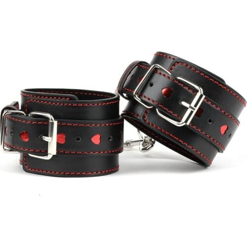 PU Leather Sexy Handcuffs Black Hollow LOVE Restraints Foot Cuffs Bdsm for Couples Bondage Erotic Womens Lingerie 2021 New