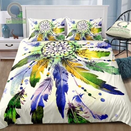 BOMCOM 3D Digital Printing Bedding Set Watercolor Dreamcatcher Green Blue Feather 3-Piece Duvet Cover Sets 100% Microfiber