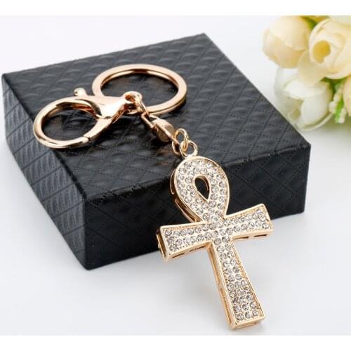 Rhinestone Cross Pendant Keychain Religion Egyptian Ankh Crucifix Keyring Symbol of Life Iced Out Crystal Gold Chain Jewelry