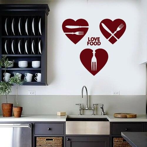 Love Food Wall Decal Words Heart Chef Cook Kitchen Foods Restaurant Cafe Interior Decor Knife Fork Window Vinyl Stickers M976