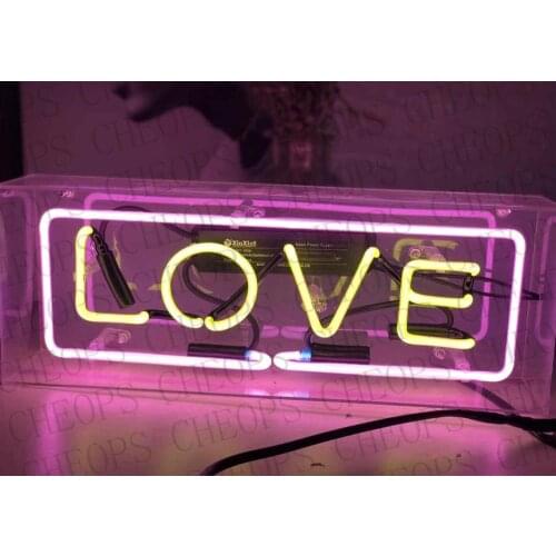 Love yellow Acrylic Box Gift Neon Signs Real Glass Tube Beer Bar Pub Bedroom Wall Homeroom Girlsroom Party Decor Lamp 14"x5"