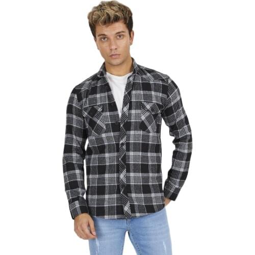 Men Casual Long Sleeve Button Down Plaid Shirt Slim Fit Muscle Mens Anthracite Slim Fit Double Pocket Check Lumberjack Shirt