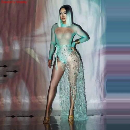 Nightclub Singer Host Model DJ Stretch Sexy Perspective Body Suit Mullet Skirt Adult Pole Jazz Disco Dancing Performance Costume
