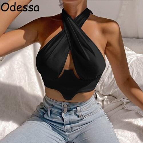 Odessa Halter Neck Corset Top Bandage Women Sexy Off Shoulder Backless Satin White Summer Sleeveless Crop Y2K Bustier Tank Tops