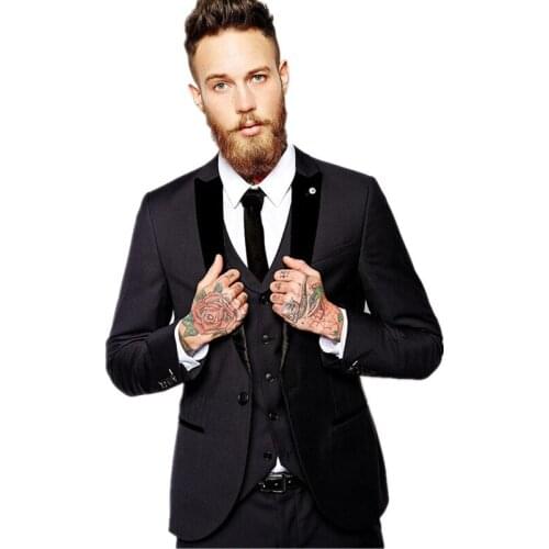 Slim Fit Mens Suits with Velvet Peaked Lapel Custom Made Groom Tuxedos Mens Wedding Dress Suits ( Jacket+Pants+Vest+Tie)