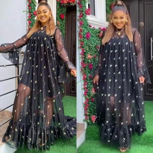 Plus Size Womens Clothing Dashiki African Fashion Embroidery Mesh Lace Dress 2021 Summer 2 Pieces Long Sleeve Maxi Dress Caftan