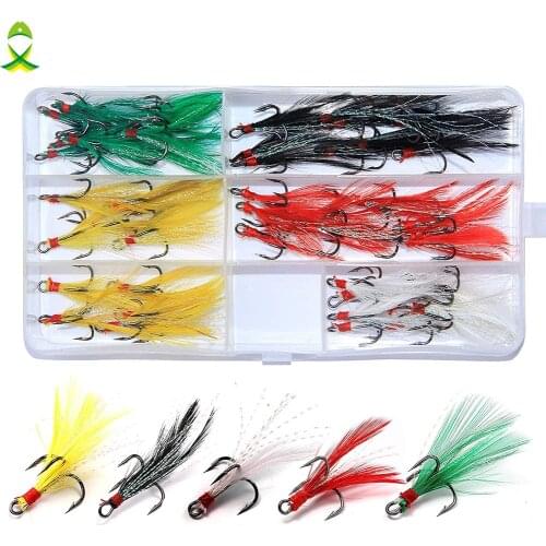 JSM 50pcs/box Fishing Treble Hook lures with Feather jigging flash Fishing hook Baits for lure accessories