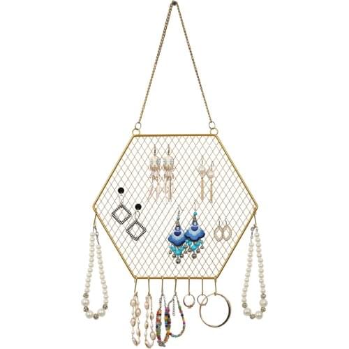 Hexagon Shaped Metal Grid Wall Shelf Earring Organizer Jewelry Holder Ear Stud Display Rack for Bracelet Necklace Ring