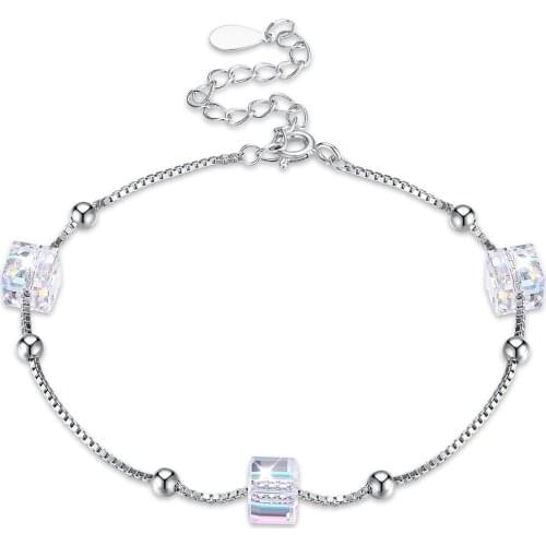 SILVERHOO Sterling Silver 925 Jewelry Women Bracelets Geometric Square Austria Crystal And Bead Adjustable Charm Bangle Bracelet