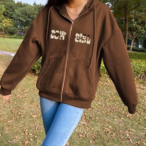 Cow Girl Letter Printed Women Hoodies Zipper Sweatshirt Tops Autumn Fashion Harajuku Ladies Girls Casual Cotton Kpop Pullovers