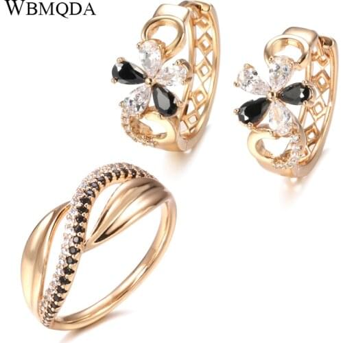 Wbmqda Hot 585 Rose Gold Women Earring Rings Sets Natural Zircon Wave Ring Fine Flower Earring Wedding Vintage Jewelry Sets