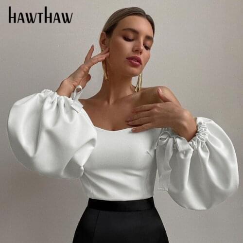Hawthaw Women Fashion Autumn Winter Slash Neck Lantern Sleeve Soild Color White Tops T Shirt 2020 Female Clothing Streetwear