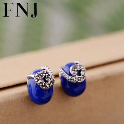 FNJ Lapis Lazuli Stud Earrings 925 Silver New Fine 100% Pure S925 Sterling Silver Earring for Women Jewelry
