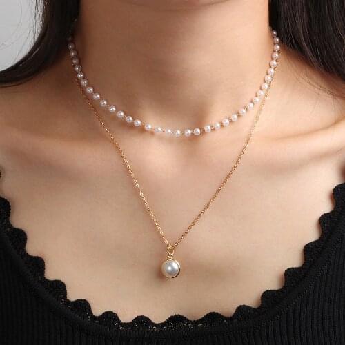 Lady Double Layers Necklace Simulated Pearl Pendant Clavicle Choker Collarbone Jewelry Women Girls Anniversary Birthday Gift