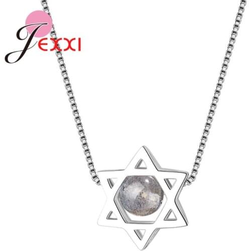 Newest Korean Styles Genuine 925 Sterling Silver Geometry Stars with Round Crystals Ball Pendant Necklace Women Gifts