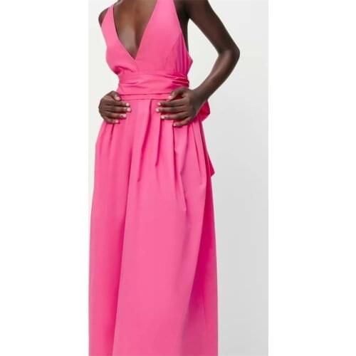 ZXQJ Women 2021 Fashion With Bow Tied Pleated Poplin Midi Dress Vintage Backless Zipper Wide Straps Female Dresses Mujer