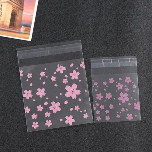 100 pcs Pink Cherry Blossom Frosted Cookies Bags,Self-adhesive Plastic Bags,Baking Packaging Bags,Small Jewelry Packaging Bags