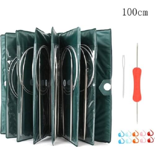 11 Sizes Stainless Steel Circular Knitting Needles Kit Yarn Weave DIY Knitting Needles Hooks Set with Bag 43cm 65cm 80cm Length